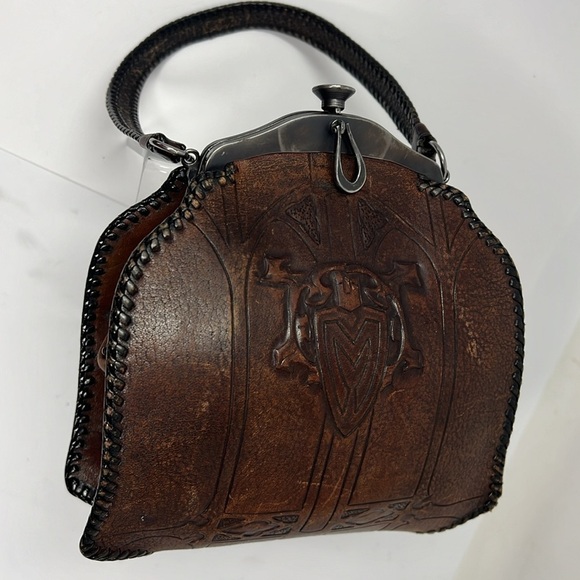 Vintage 1920’s Hand Tooled Brown Leather Purse Metal Snap Frame Closure - Picture 5 of 16